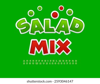 Vector Vegan label Salad Mix. Creative Green Font, Sticker style set of Modern Alphabet Letters and Numbers