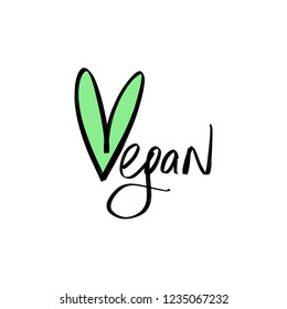 Vector vegan logo, tag and label. Design element for market, cafe and restaurant. Green heart symbol. Handwritten lettering, calligraphy.