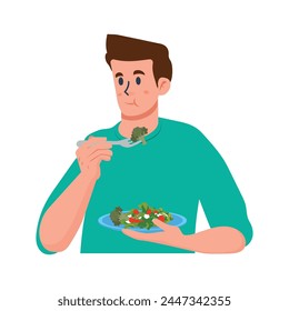 Vector vegan man enjoys a colorful salad filled with fresh, vibrant vegetables. illustration