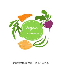 Tarjeta de menú vegetariana vectorial. Verduras en un fondo blanco. Alimentación vegetariana saludable. Zanahoria, cebolla y remolacha. 