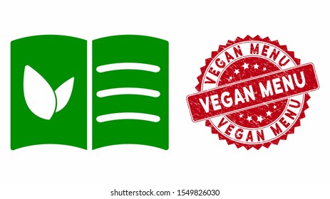 Vector vegan menu icon and grunge round stamp seal with Vegan Menu text. Flat vegan menu icon is isolated on a white background. Vegan Menu stamp seal uses red color and grunge texture.