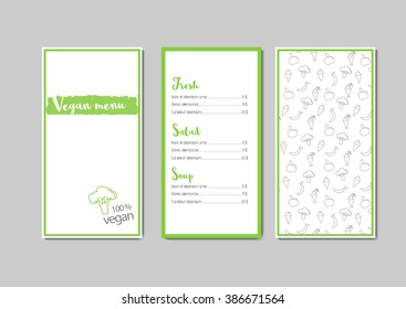 Vector vegan menu template from 3 pages with pattern. Green and gray colors