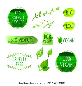 Vector Vegan Menu/Packaging Labels Icons, Isolated on White Background Marks, Watercolor Elements.