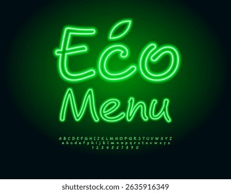 Vector Vegan poster Eco Menu for Cafe and 
Restaurant. Led Light Green Font. Funny Illuminated Alphabet Letters and Numbers set