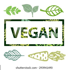 Vector vegan print stamp, t-shirt print with leaves icons illustration