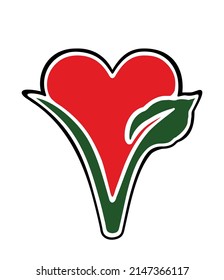 Vector vegan red heart silhouette sign with green leaf letter V isolated on white background.Love symbol.Logo organic eco design for vegetarians. Sticker. Cricut plotter laser cut. Print for t shirt.