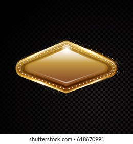 Vector Vegas golden frame. Shining banner. Isolated on black transparent background. Vector illustration