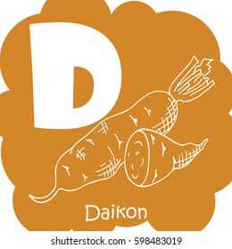 Vector vegetable alphabet for education. Illustration for kids. Letter D for Daikon