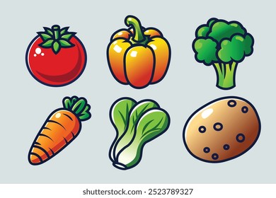 Vector de vegetales para el Día Mundial del Vegetariano. Tomates, pimientos, brócoli, zanahorias, hojas de mostaza y papas