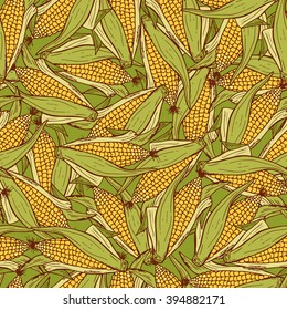 Vector Vegetable background. Hand drawn doodle Corn cobs Seamless pattern 