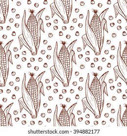 Vector Vegetable Background. Hand Drawn Doodle Corn Cobs And Corn Grains Seamless Pattern 