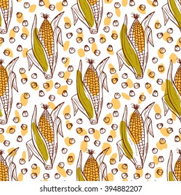 Vector Vegetable Background. Hand Drawn Doodle Corn Cobs And Corn Grains Seamless Pattern 