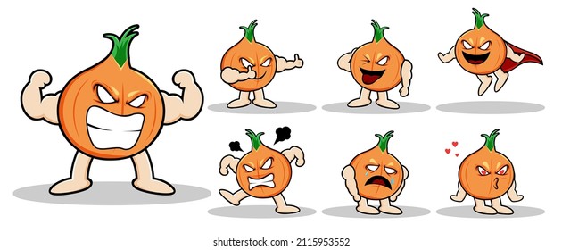 Vector vegetable character design for graphic designer make card, website, banner, brochure, leaflet, placard, and print. Set contains onion  in various pose and emotion