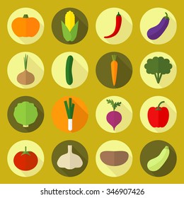 Vector vegetable colorful icons. Beet, avocado, paprika, onion, eggplant, broccoli, tomato, carrot, potato.