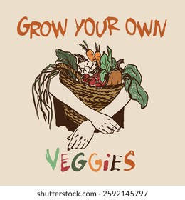 Vector vegetable doodle illustration of carrot and tomato in basket. Hand-drawn garden harvest poster. Organic farm graphics. Tasty food for design, veggie market drawing print, background.