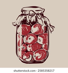 Ilustração em doodle vegetal vetorial de tomates em conserva em um frasco. Esboço de colheita de jardim desenhado à mão. Gráficos orgânicos da fazenda. Comida saborosa para design, impressão de desenho de mercado vegetariano, tecido ou fundo.