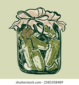 Vetor vegetal doodle ilustração de pepinos em conserva em um frasco. Esboço de colheita de jardim desenhado à mão. Gráficos orgânicos da fazenda. Comida saborosa para design, impressão de desenho de mercado vegetariano, tecido ou fundo.