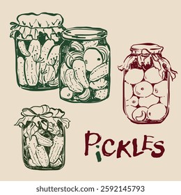 Vector vegetable doodle illustration set of pickled cucumbers and tomatoes in a jar. Hand-drawn garden harvest sketch. Tasty food for design, veggie market drawing print, fabric or background.