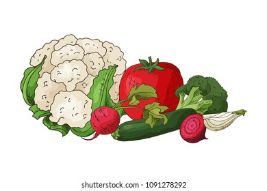 Vector vegetable element. Hand drawn icon with lettering. Food illustration for cafe, market, menu design.