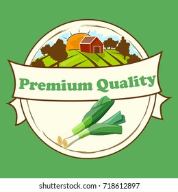 Vector Vegetable food banner. Leek sketch. Organic food poster. Symbol for sauce product label or grocery store, shop and farm market design. Vector round label. Organic collection