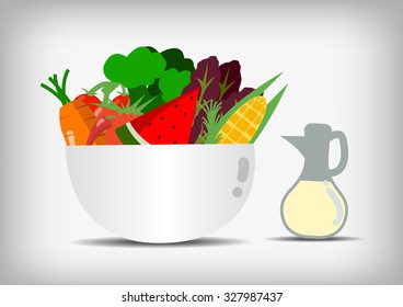 Vector : Vegetable and fruit in salad bowl and salad sauce