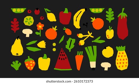 Vector vegetable and fruit set in childish crayon style. Hand-drawn cabbage, avocado, carrots, bananas, apples, grapes and more for kids design.