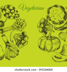 vector vegetable hand drawn collection for corporate identity - cabbage, asparagus, pumpkin, broccoli, leek, artichoke, avocado, corn