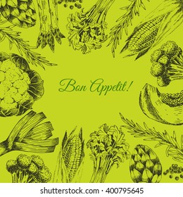 vector vegetable hand drawn collection - cabbage, asparagus, pumpkin, broccoli, leek, artichoke, avocado, corn. vegetable sketch. vegetable elements. fresh vegetables