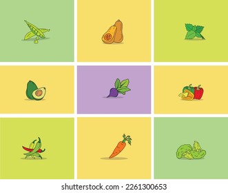 Vector Vegetable Icon, Flat Illustration of Carrot, tomato, Broccoli, watercress, bell pepper, Basil for UI-UX design, Restaurant, or Shop menu card design