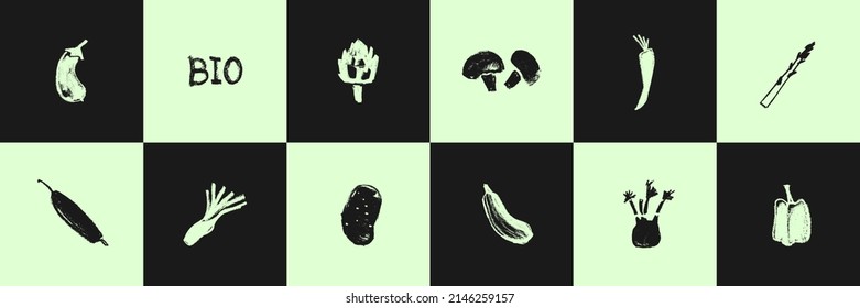 Vector vegetable icon set for organic food label, healthy eat packaging design. Black hand drawn mushroom symbol, potato icon, artichoke sign, celery Illustration, asparagus drawing, carrot insignia.