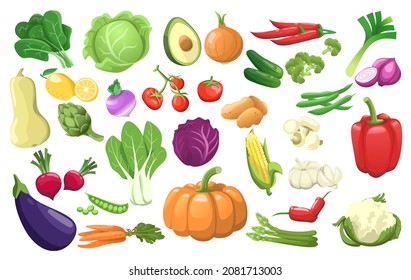 Vector vegetable icons set in cartoon style. Collection of agricultural products for restaurant menus, market labels.