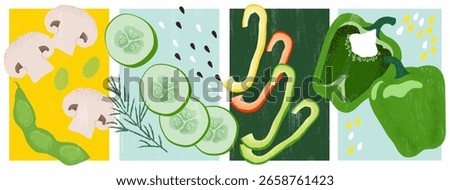 Vector Vegetable Illustration Set – Mushroom Slices, Edamame, Dill, Cucumber, Bell Pepper