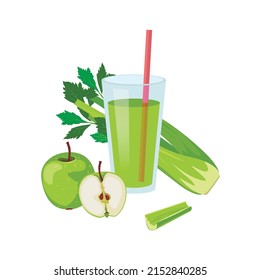 vector vegetable juice isolated on white background, celery stalk, apple.
Fresh healthy juice organic food