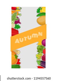 Vector vegetable label, voucher for markets or shops. Fresh organic products, natural food - potato, pepper, tomato, pumpkin, carrot. Made in cartoon flat style