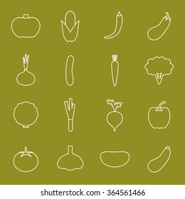 Vector vegetable line icons. Beet, paprika, onion, eggplant, broccoli, tomato, carrot, potato and more.