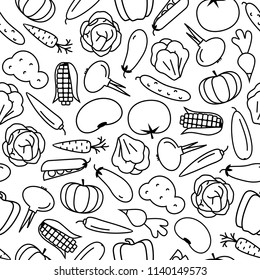 vector vegetable pattern line style on white background with bean, radish, pumpkin, tomato, chilli, cucumber, cabbage, potato, carrot, onion, corn, pepper for banner sale, logo, decoration. 10 eps