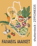 Vector vegetable poster of carrot and tomato in string bag. Hand-drawn garden harvest sketch. Tasty food illustration for restaurant and cafe interior, veggie market drawing print, fabric, background.