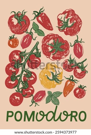Vector vegetable poster of cherry and tomatoes. Hand-drawn garden harvest sketch. Tasty food illustration for restaurant and cafe interior, veggie market drawing print, fabric or background.