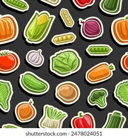 Vector Vegetable Seamless Pattern, decorative background with many flying ripe vegetables for wrapping paper or bed linen, square placard with different flat lay farmer vegetables on black background