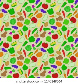 vector vegetable seamless pattern flat style with cabbage, potato, carrot, onion, corn, pepper, pea, bean, radish, pumpkin, tomato, chilli, cucumber for banner sale, web, logo, decoration. 10 eps
