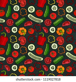 Vector Vegetable Seamless Pattern with Mini Cucumbers, Red Tomatoes, Bell Pepper. Fresh Green Salad. Healthy Vegetarian Food. Hand Drawn Illustration. Doodle Style. Black Board Background and Chalk.
