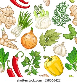 Vector vegetable seamless pattern with spices and herbs. Decorative colorful composition on white background