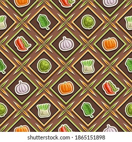 Vector Vegetable Seamless Pattern, square repeating background, isolated illustrations of summer vegetables on brown background, diamond seamless pattern with flat lay fresh organic produces in cells.