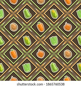 Vector Vegetable Seamless Pattern, square repeating background, isolated illustrations of summer vegetables on brown background, diamond seamless pattern with flat lay fresh organic produces in cells.