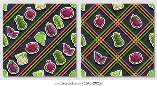 Vector Vegetable Seamless Patterns, 2 square repeating veggie backgrounds, set of isolated illustrations of vegetables on dark background, compatible seamless patterns with colorful lines and lattice.