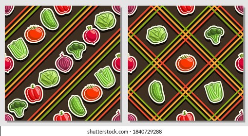 Vector Vegetable Seamless Patterns, 2 square repeating veggie backgrounds, set of isolated illustrations of vegetables on dark background, compatible seamless patterns with colorful lines and lattice.