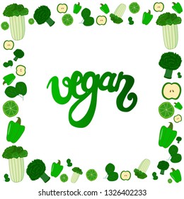 vector vegetable squared frame augmented with Vegan gradient sign. design element, healthy lifestyle theme.