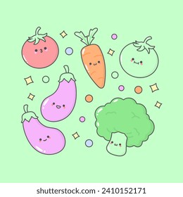 Vector Vegetable Tomato Eggplant Carrot Brocoli with cute facial expressions and pastel colour