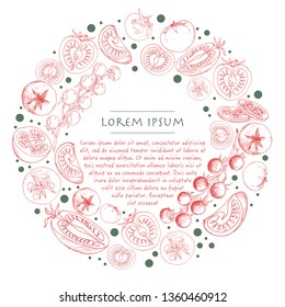 Vector vegetable wreath with outline tomatoes circle template for social media and greeting card