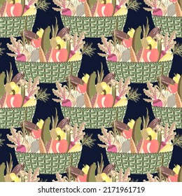 Vector - vegetables assorted in a basket, seamless pattern, template.